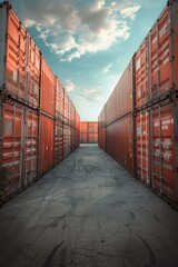 Fototapeta premium A long row of red shipping containers in a parking lot. Great for industrial, transportation, and logistics concepts