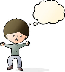 cartoon boy panicking  with thought bubble