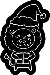 quirky cartoon icon of a lion with christmas present wearing santa hat