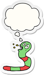 cartoon frightened worm with thought bubble as a printed sticker