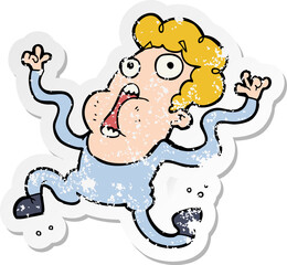 distressed sticker of a cartoon terrified man