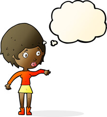 cartoon concerned woman reaching out with thought bubble