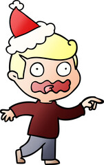 hand drawn gradient cartoon of a stressed out pointing wearing santa hat