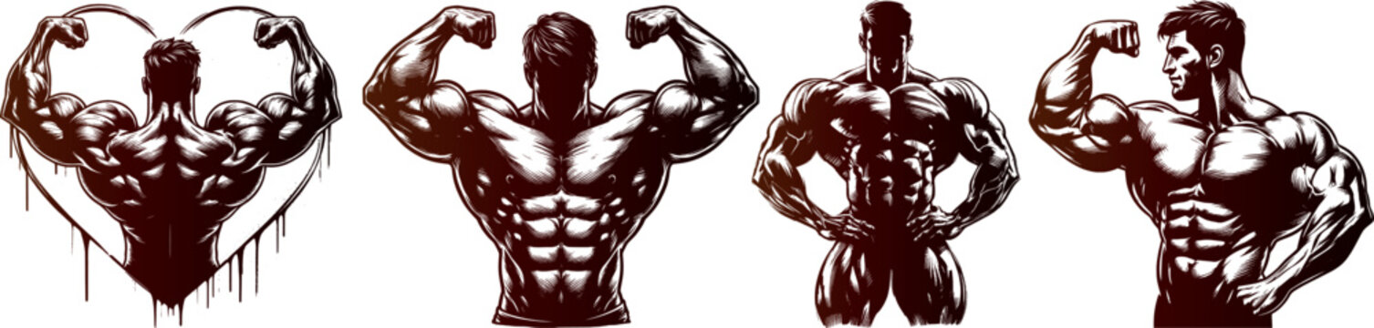 Gym bodybuilder Set Engraving Pen and Ink Vector Illustration
