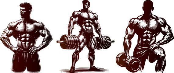 Gym bodybuilder Set Engraving Pen and Ink Vector Illustration
