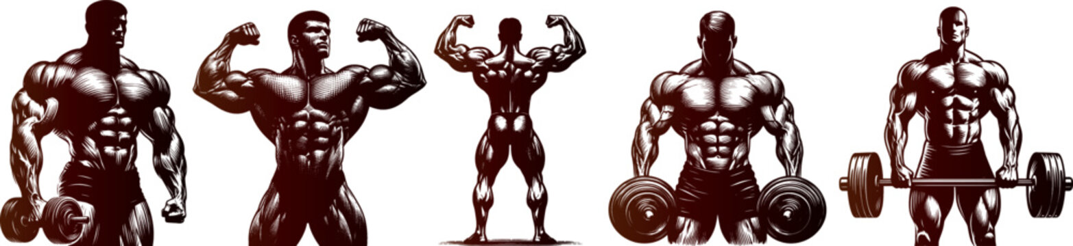 Gym bodybuilder Set Engraving Pen and Ink Vector Illustration
