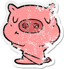 distressed sticker of a cartoon content pig