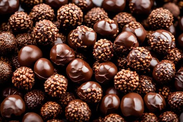 Close-up of chocolate-coated hazelnuts arranged in an alluringly abstract pattern.
