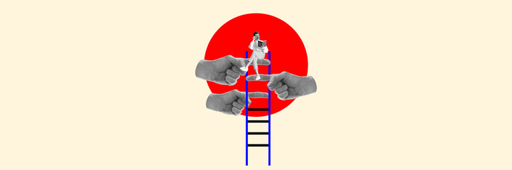 Man sitting on top of ladder and reading with human hands making stairs symbolizing support and...