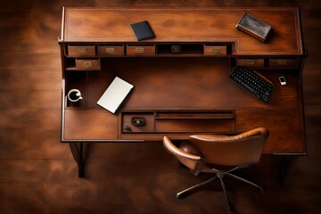 Top view of a vintage-inspired wooden desk with leather accents, evoking a sense of classic elegance.