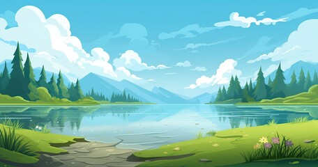 Fototapeta na wymiar landscape, lake, bottom view, 2d style, animation, game 2d style