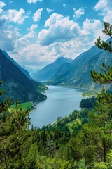 Naklejka na ściany i meble A beautiful landscape featuring a serene lake and majestic mountains. Ideal for nature and travel concepts