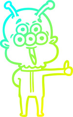 cold gradient line drawing of a happy cartoon alien