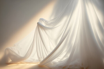 Sheer curtain white beige tulle drape in sunlight