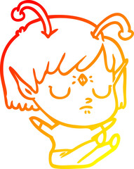 warm gradient line drawing of a cartoon alien girl