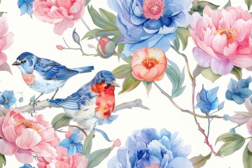 Fototapeta na wymiar Seamless vintage watercolor with peonies and birds.