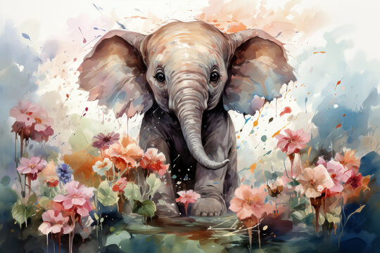 Watercolor drawing of an elephant in a meadow full of flowers.