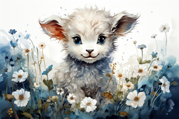 Fototapeta premium Watercolor painting of cute sheep in a meadow with flowers. Ilustration for childrens room