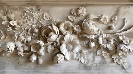 Light decorative texture of plaster wall with volumetric decorative flowers. - obrazy, fototapety, plakaty