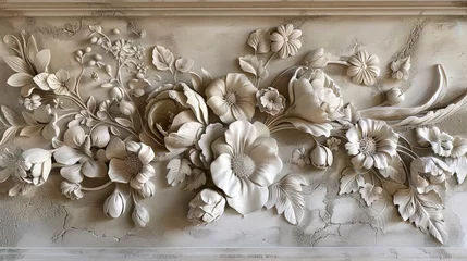 Poster Light decorative texture of plaster wall with volumetric decorative flowers. © MiaStendal