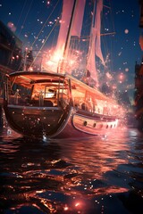 Sailing ship in the middle of the night. 3d rendering