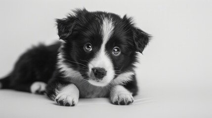 A cute black and white puppy resting on the ground. Suitable for pet-related designs