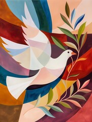 Nature abstract cubist style design background, digital art painting of a flying dove with branches, beautiful illustration of a white bird and olive tree branch, symbol of peace, hope and freedom