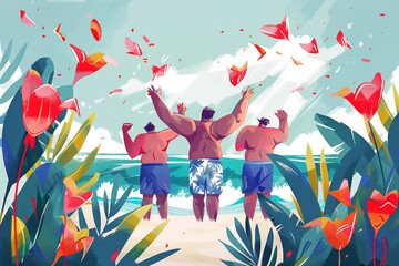 A Illustration of THREE happy, diverse, plus-size man in colorful swimwear standing confidently, embodying body positivity and diversity, beach summer party. 