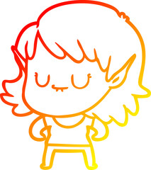 warm gradient line drawing of a happy cartoon elf girl