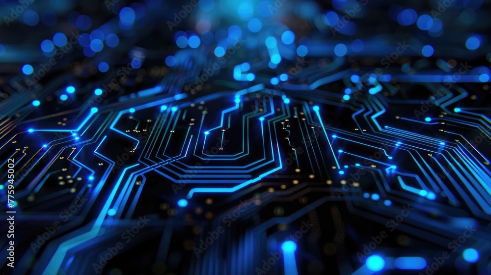 Poster close up of a circuit board with blue lights. perfect for technology and innovation concepts