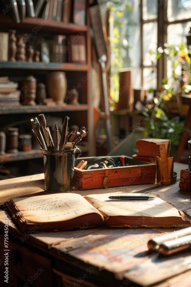 Poster A collection of books neatly arranged on a wooden table. Ideal for educational and reading-related projects