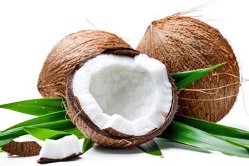 Two fresh coconuts with leaves on a white surface. Perfect for tropical themed designs