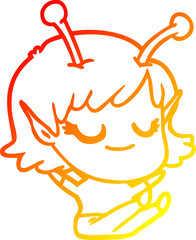 warm gradient line drawing of a smiling alien girl cartoon sitting