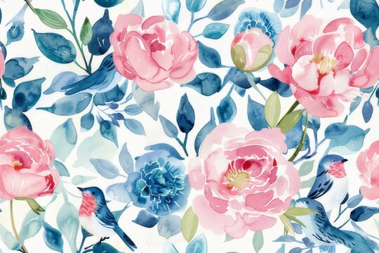 Seamless vintage watercolor with peonies and birds.