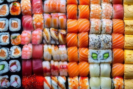 Close-up photo of sushi Fish and rice of various kinds and colors were rolled up and arranged in large piles.