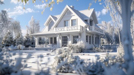 A white house featuring a porch and balcony. Suitable for real estate or architecture concepts