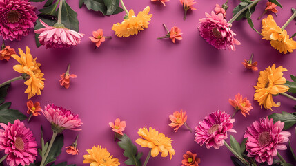 Vibrant flowers scattered on a purple background with copy space