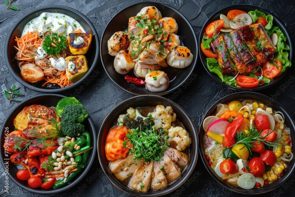 Poster several bowls of food displayed on a table, suitable for food and dining concepts