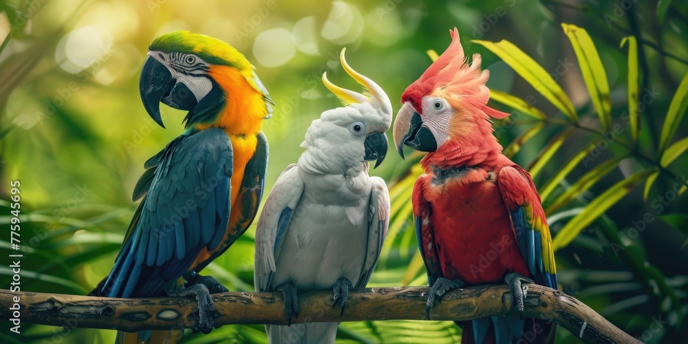 Poster three colorful parrots perched on a branch. ideal for nature and wildlife concepts