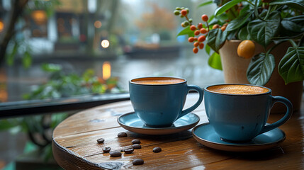 Cozy cafe ambiance with two cups of coffee wooden table. Comfort relax mood - obrazy, fototapety, plakaty