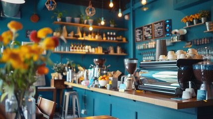 Cozy cafe interior, blue aesthetics and espresso machine. Coffee table with snacks