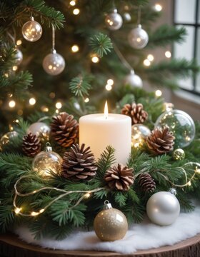 A lit candle creates a warm ambiance amidst festive Christmas decorations, with sparkling tree lights, pinecones, and holiday baubles