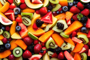 The contrasting colors and textures of a mixed fruit salad, showcasing a variety of sliced fruits.