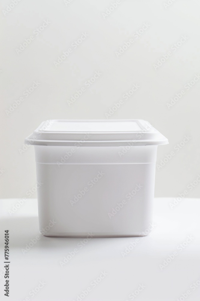 Aufkleber A white container placed on a table, suitable for various concepts and designs