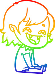 rainbow gradient line drawing of a cartoon laughing vampire girl