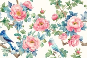 Seamless vintage watercolor with peonies and birds.