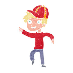 cartoon boy wearing cap pointing
