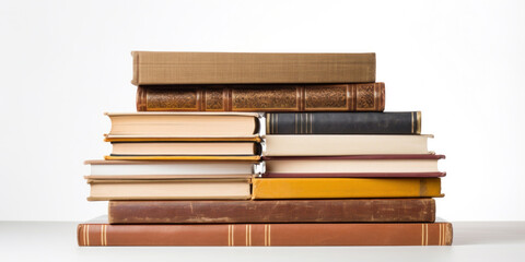 Stack of old books on a white background.
