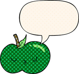 cartoon cute apple with speech bubble in comic book style