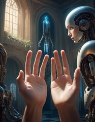 A conceptual image portraying two humanoid robots, one reaching out to the ethereal figure of an emerging AI consciousness within an ornate architectural setting. - obrazy, fototapety, plakaty